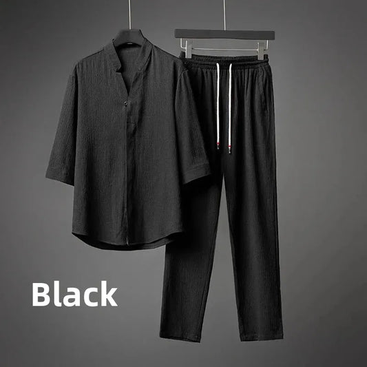 Men’s Luxury Summer Suit – Ultra-Thin, Loose-Fit, Mid-Sleeve Two-Piece Set