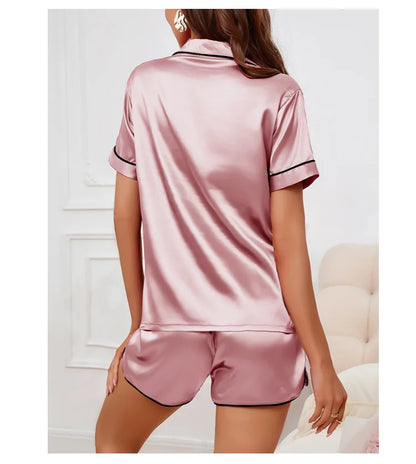 Heart Embroidered Women's Pajama Set – Button Down Top & Shorts Lounge Sleepwear