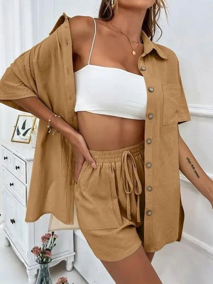 Women’s Casual Two-Piece Suit – Short Sleeve Single-Breasted Top & Skirt, Solid Color