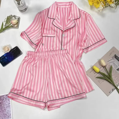 Plus-Size Women’s Pajama Set – Short Sleeve Top & Shorts with Striped Cardigan Lapel Homewear