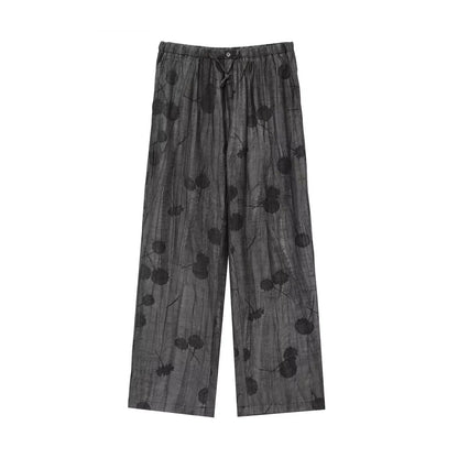 Women’s Printed Two-Piece Set – Lapel Half-Sleeve Top & High-Waist Lace-Up Wide-Leg Pants