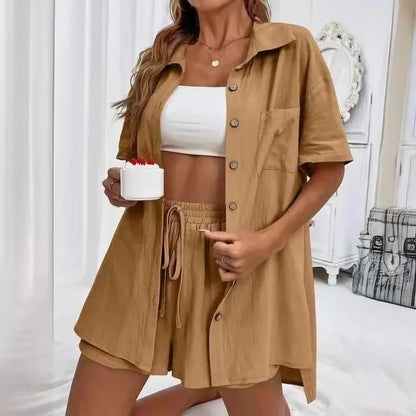 Women’s Casual Two-Piece Suit – Short Sleeve Single-Breasted Top & Skirt, Solid Color
