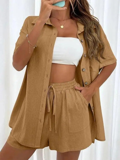 Women’s Casual Two-Piece Suit – Short Sleeve Single-Breasted Top & Skirt, Solid Color