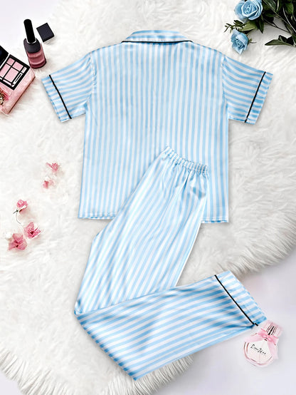 Women's Satin Pajama Set – Classic Striped Print, Short Sleeve Top & Long Pants with Lapel Collar, Pocket Letter & Button Detail