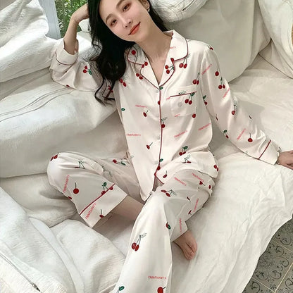 Women’s Ice Silk Pajama Set – Long Sleeve Lace Top & Pants, Green Sweet Homewear