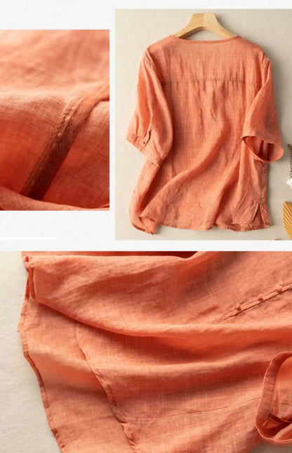 Slimming Color V-Neck Cotton-Linen Blend Top – Casual, Loose Fit, Thin T-Shirt for Women