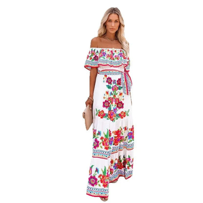 Spring/Summer One-Shoulder Maxi Dress – Red Flower Print, Sleeveless, Knee-Length, Regular Waist