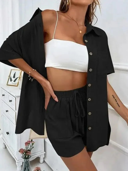 Women’s Casual Two-Piece Suit – Short Sleeve Single-Breasted Top & Skirt, Solid Color