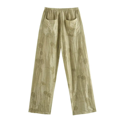 Women’s Printed Two-Piece Set – Lapel Half-Sleeve Top & High-Waist Lace-Up Wide-Leg Pants