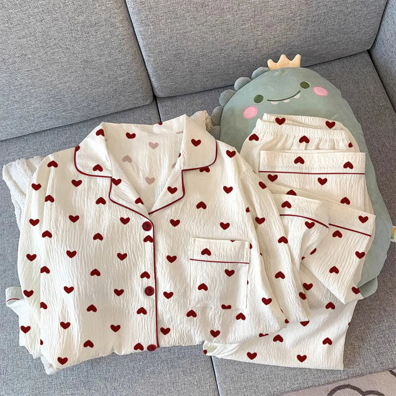 Spring & Autumn Women’s Pajama Set – Long Sleeve Crinkled Loungewear with Love Cardigan