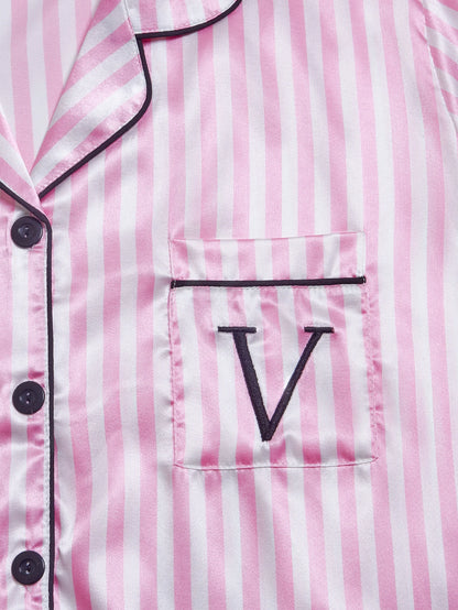 Striped Satin Pajama Set – Short Sleeve Top & Shorts with Embroidered Letter Pocket, Lapel Collar & Button Detail
